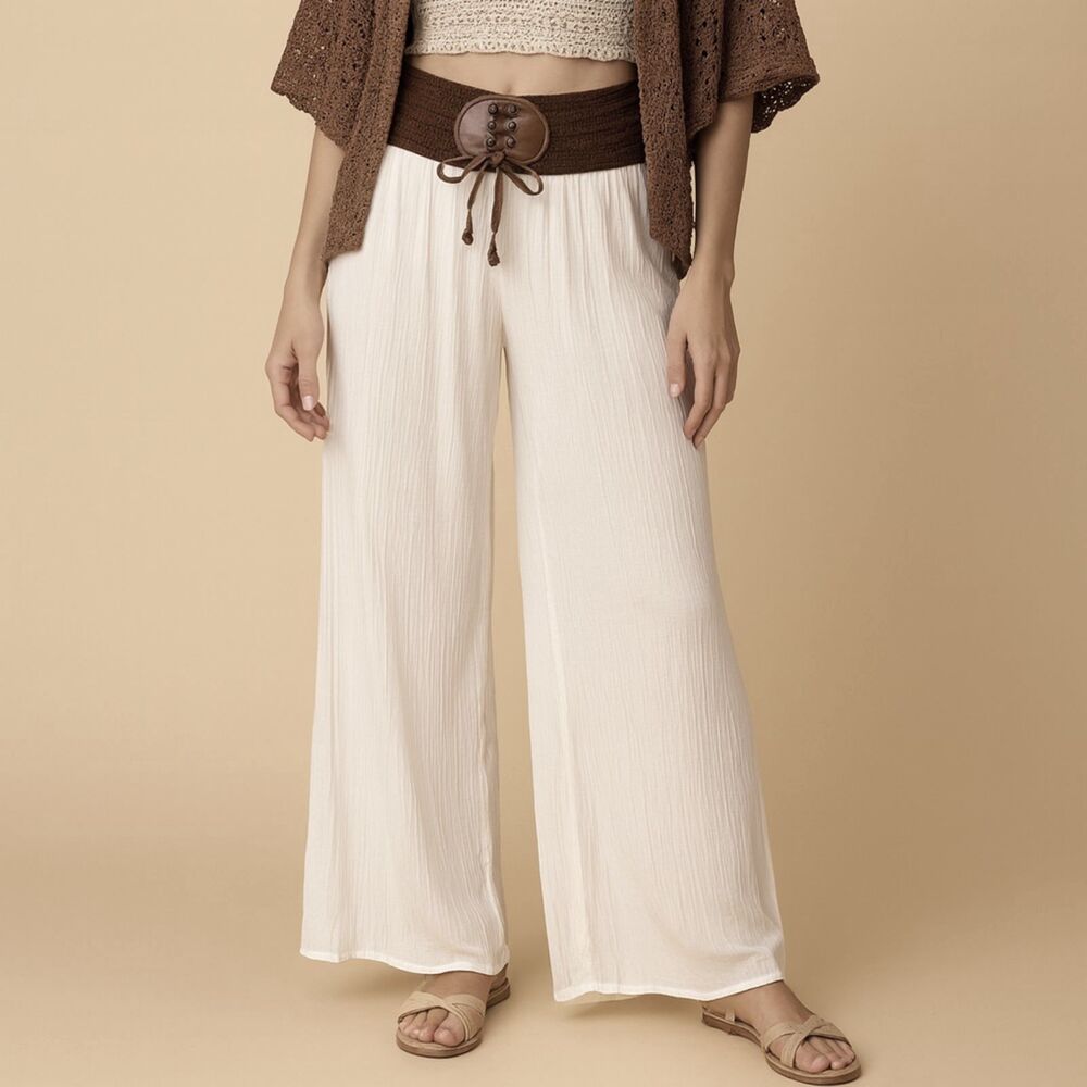 By&By Boho Sheer Wide Leg Pants Brown Crochet Waistband XS Festival Resort